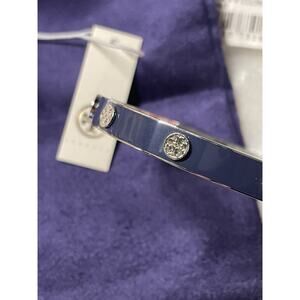 Tory Burch Miller Stud Enamel Hinge Bangle Bracelet Navy Blue Silver Size Medium